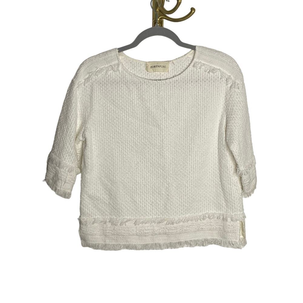 PortsPure Top Crew Neck Fringe Trim Knit Textured Cotton Casual Grannycore M